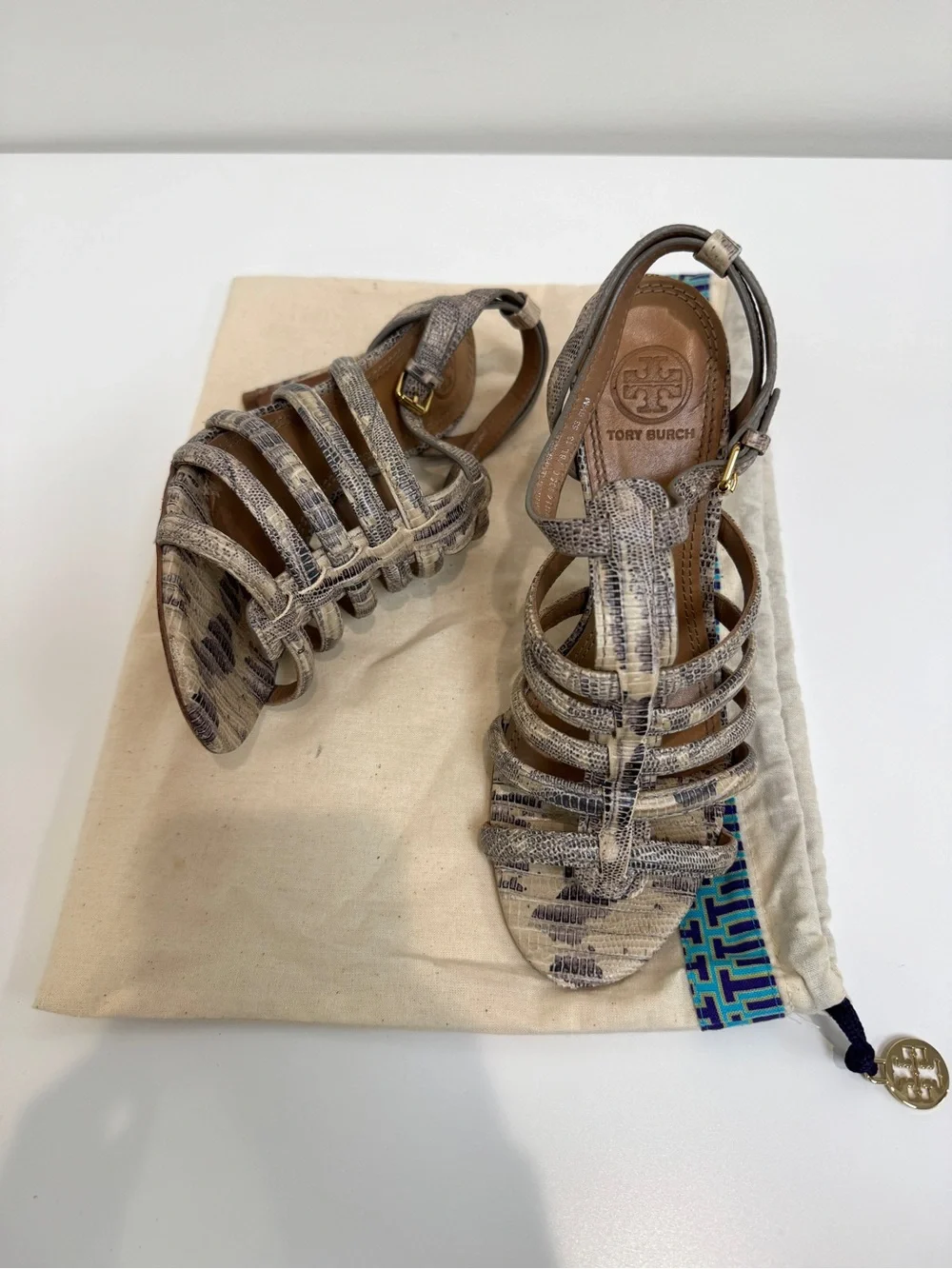 Tory Burch Charlene Cream Snake Embossed Leather Caged Heeled Sandals 6.5 Shoes